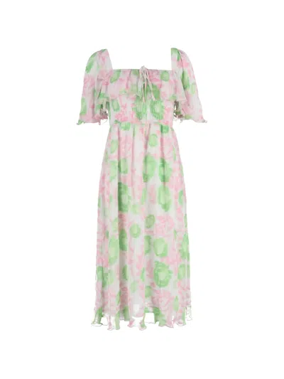 Pre-owned Ganni Shirred Floral-print Midi Dress In White