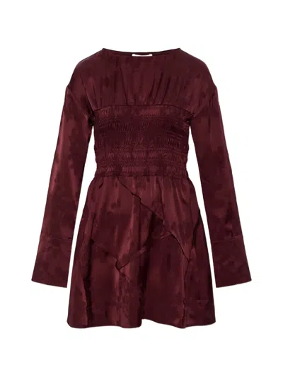 Ganni Shirred Floral-pattern Mini Dress In Brown