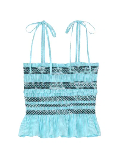 Ganni Shirred Gingham Top In Blue