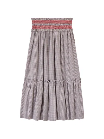Ganni Shirred Gingham-check Maxi Skirt In Brown