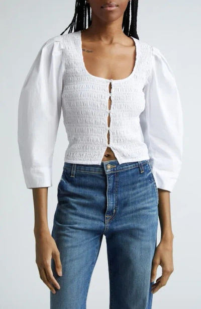 Ganni Smocked Cotton-poplin Cropped Blouse In White