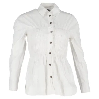 Pre-owned Ganni Shirred Long Sleeve Shirt In White Cotton