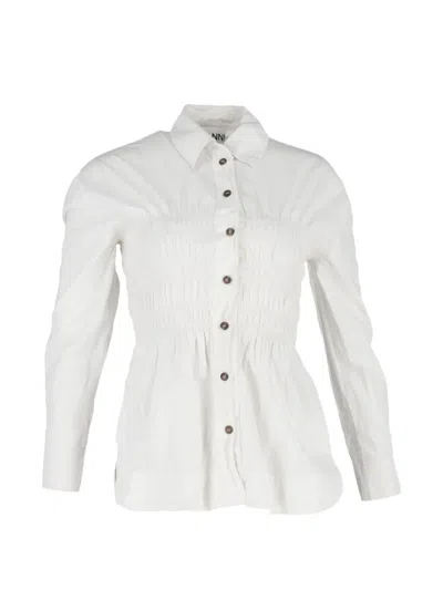 Pre-owned Ganni Shirred Long-sleeve Shirt In White