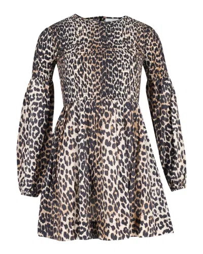 Ganni Shirred Mini Dress In Animal Print Cotton In Multi