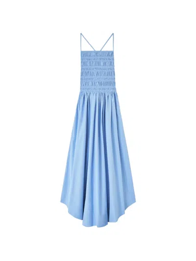 Ganni Shirred Poplin Maxi Dress In Blue