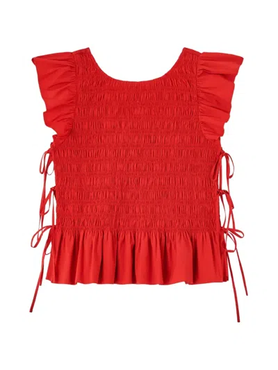 Ganni Smocked Cotton Flutter Sleeve Top In Goji Berry