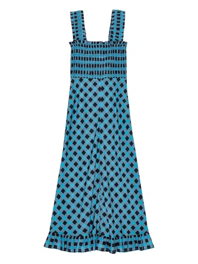Ganni Shirred Ruffled Maxi Dress In Blue