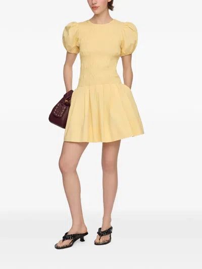 Ganni Organic Cotton Dress Puff Sleeves Pleated Skirt In Yellow