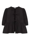 Ganni Poplin Front-tie Peplum Blouse With Puffed-sleeves In Black