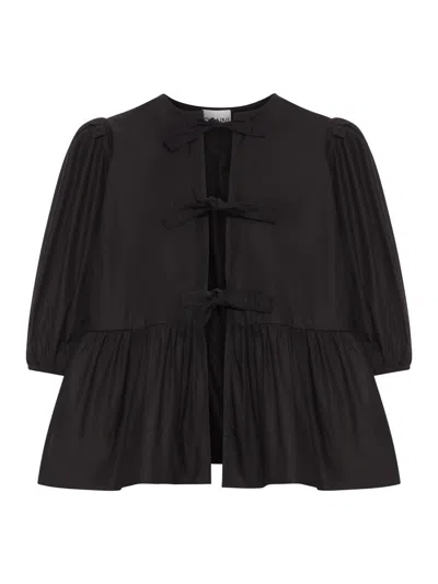 Ganni Poplin Front-tie Peplum Blouse With Puffed-sleeves In Black