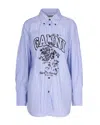 Ganni Striped Cotton Shirt With Print In Blue