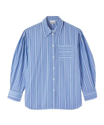Ganni Stripe Cotton Pleated Sleeve Shirt Shirts Light Blue