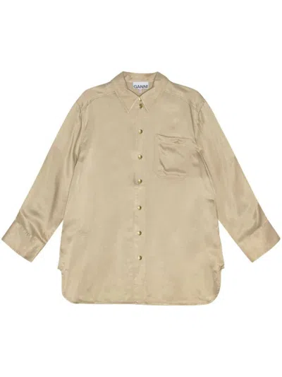 Ganni Long-sleeve Satin Shirt In Safari