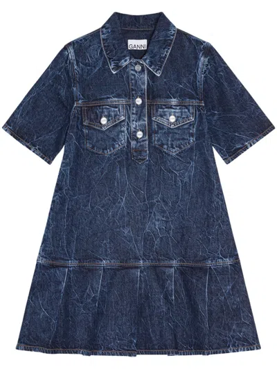 Ganni Shirt-style Dress With Crinkled Texture In Black