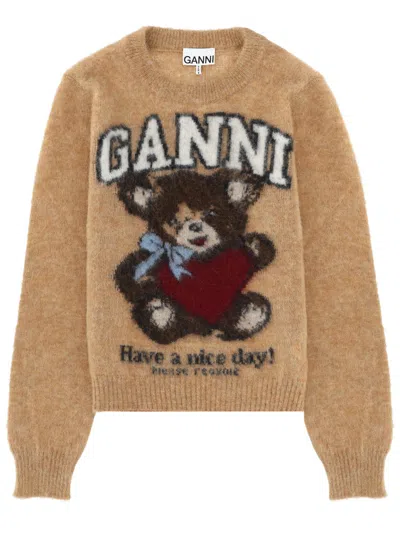 Ganni Brushed Alpaca Wool-blend Jacquard Sweater In Brown