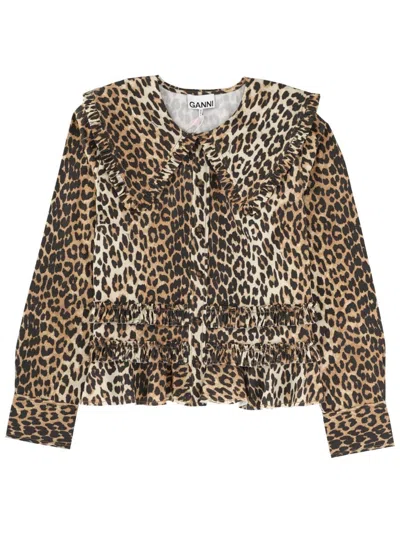 Ganni Shirt With Wide Collar In Animal Print