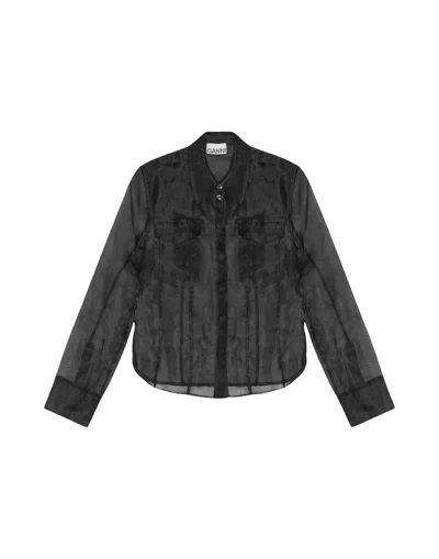 Ganni Sheer Black Organza Shirt With Classic Collar