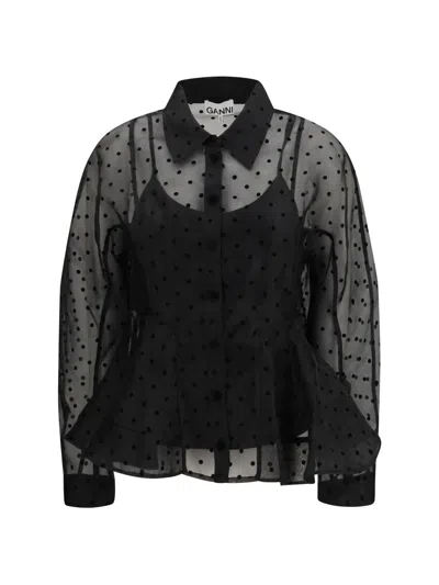 Ganni Sheer Polka Dot Button Front Peplum Blouse In Black