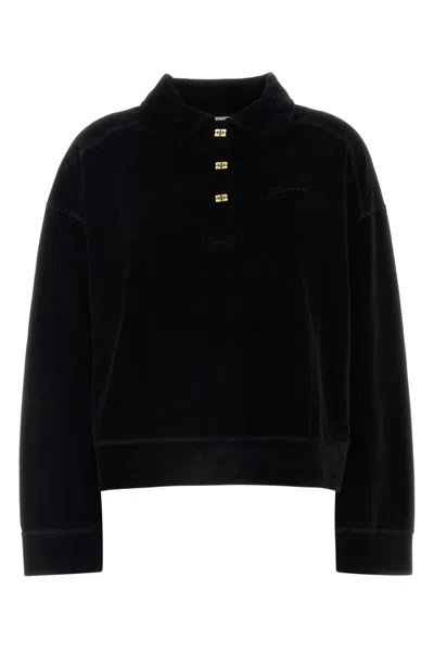 Ganni Heavy Velour Polo Shirt In Black