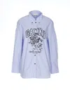 Ganni Long Sleeve Cotton Shirt With Graphic Print In Blue