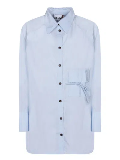 Ganni Cotton Poplin Oversize Raglan Shirt In Blue