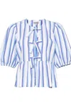 Ganni Blue Striped Cotton Poplin Peplum Tie Blouse In Blue Blu E Verdi