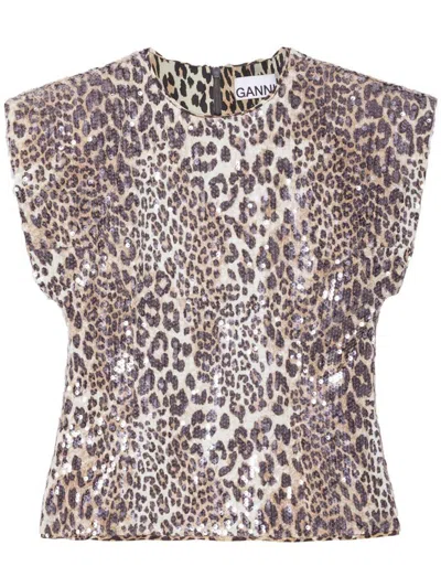 GANNI GANNI BLOUSE WITH ANIMALIER PRINTED AND RHINESTONES
