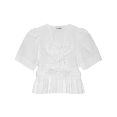 Ganni Belted Tie-detailed Gathered Cotton-blend Poplin Blouse In White