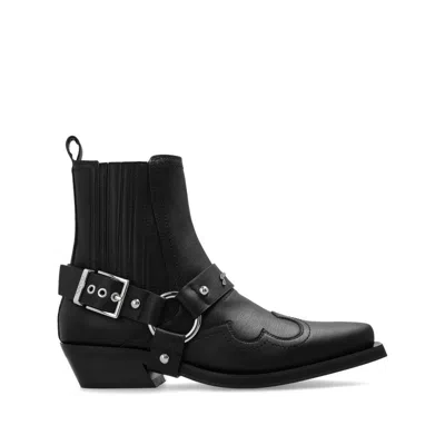 Ganni Embroidered Faux Leather Cowboy Boots In Black