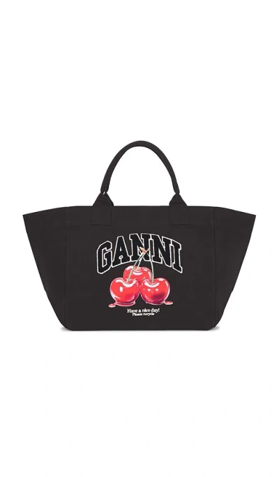 Ganni Shopper Xxl Cherry Printed Tote In Black