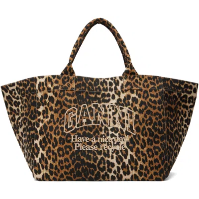 Ganni Shopper Xxl Pocket Print Bag In Brown