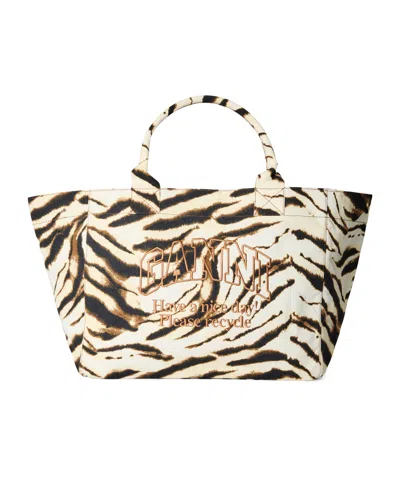 Ganni Shopper Zebra Tote Bag In Brown