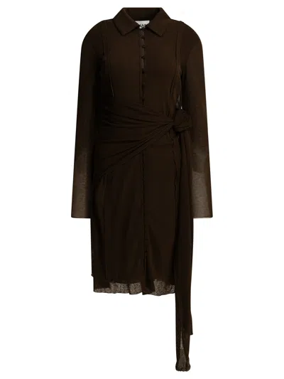 Ganni Draped Knot Chemise Dress In Brown