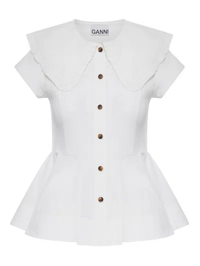 Ganni Short Cotton Shirt With Ruffles In White