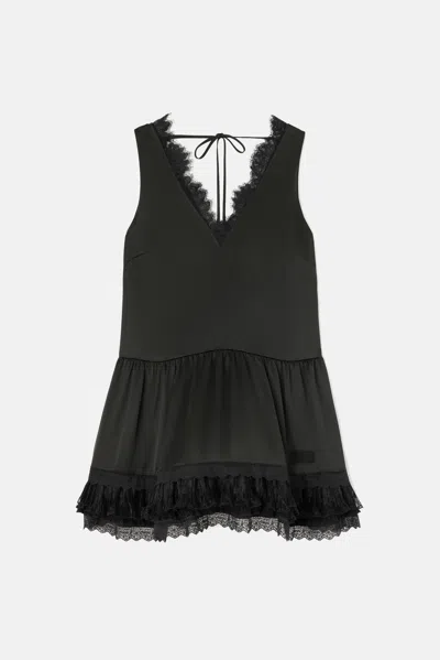 Ganni Short Dress In Satin And Lace With V-neck In Black
