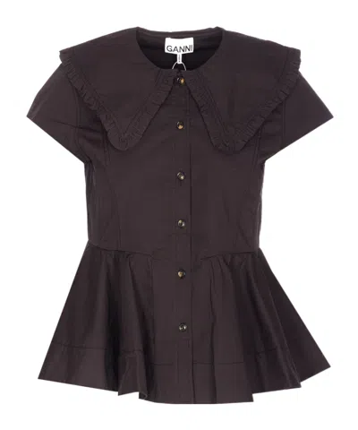 Ganni Short Ruffle Shirt In Brown