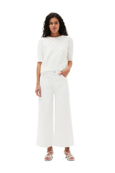 Ganni Short Sleeve Cotton Cable Open Back Top In Bright White