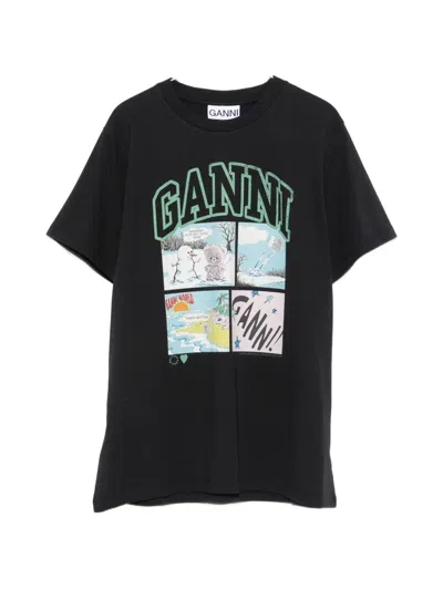 Ganni Black Crew Neck Graphic Logo T-shirt In Animal Print