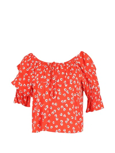 Pre-owned Ganni Short-sleeve Floral-print Ruffle Top In Red