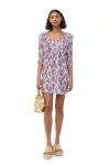 Ganni Short Sleeve Pleated Georgette Ruffle Mini Dress In Mauve Chalk