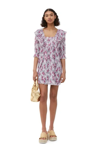 Ganni Short Sleeve Pleated Georgette Ruffle Mini Dress In Mauve Chalk