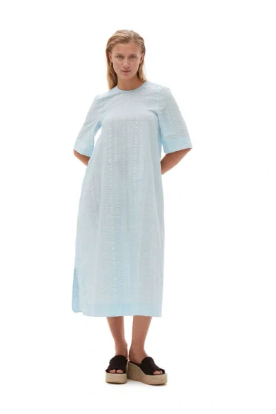 Ganni Short Sleeve Seersucker Check Maxi Dress In Ice Water