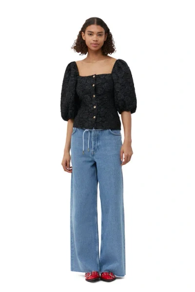 Ganni Short Sleeve Stretch Jacquard Fitted Blouse In Black