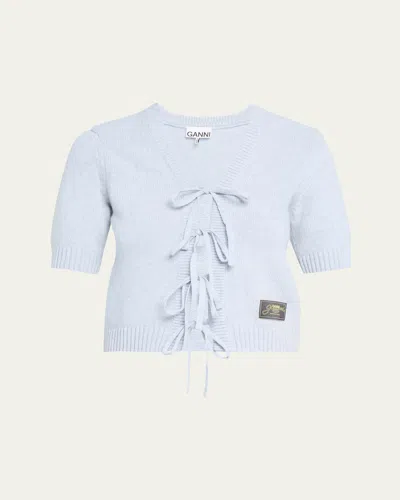 Ganni Short-sleeve Tie-front Cardigan In Blue