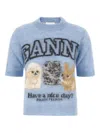 Ganni Light Blue Crewneck T-shirt With Maxi Logo Embroidery On The Front In Blue
