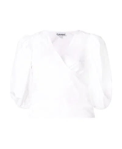 Ganni Short-sleeve Wrap Blouse In White