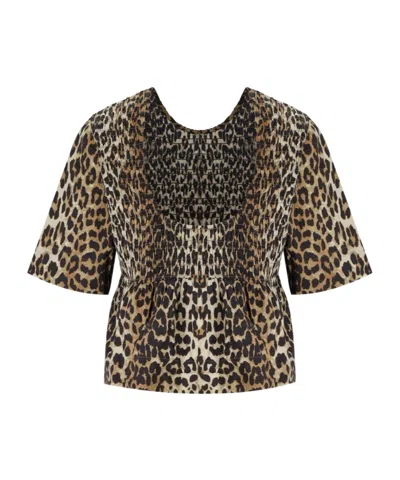 Ganni Women Leopard Cotton Poplin Peplum Tie Blouse In Animal Print