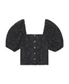 Ganni Jacquard Flowers Puff-sleeve Blouse In Black
