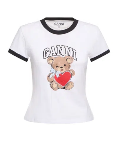 Ganni White Crewneck T-shirt With Logo Print On The Front