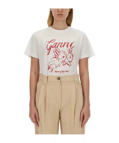 GANNI GANNI RABBIT PRINTED CREWNECK T-SHIRT